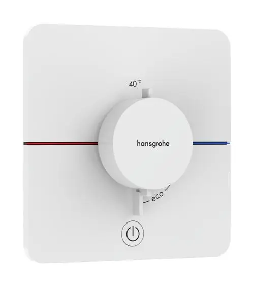 Thermostat für Dusche in Mattweiß mit einem Drehregler, der Temperatur und eine Eco-Funktion anzeigt. Marke Hansgrohe. Anbringung unterputz für einen Verbraucher.